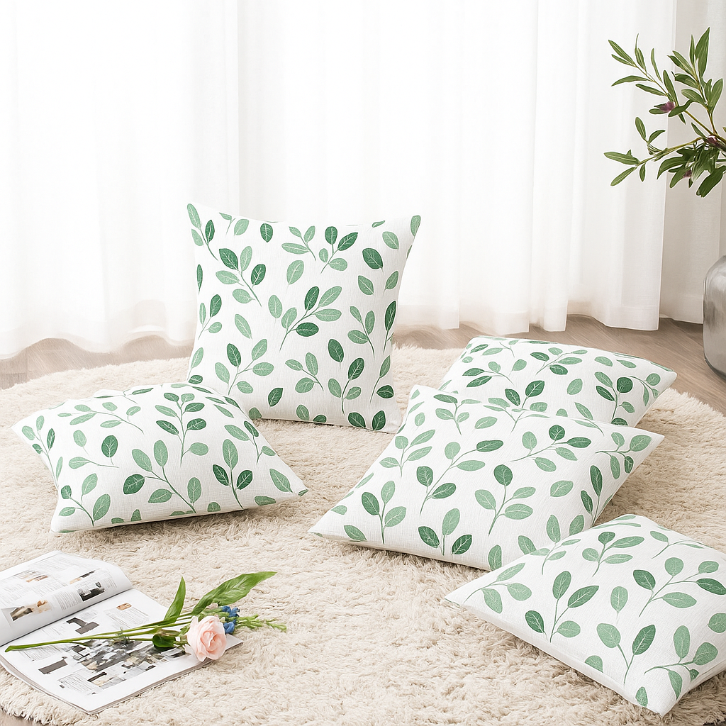 Set of 5 Leaf Print Cushion Covers – Green Botanical Design on Cream Base