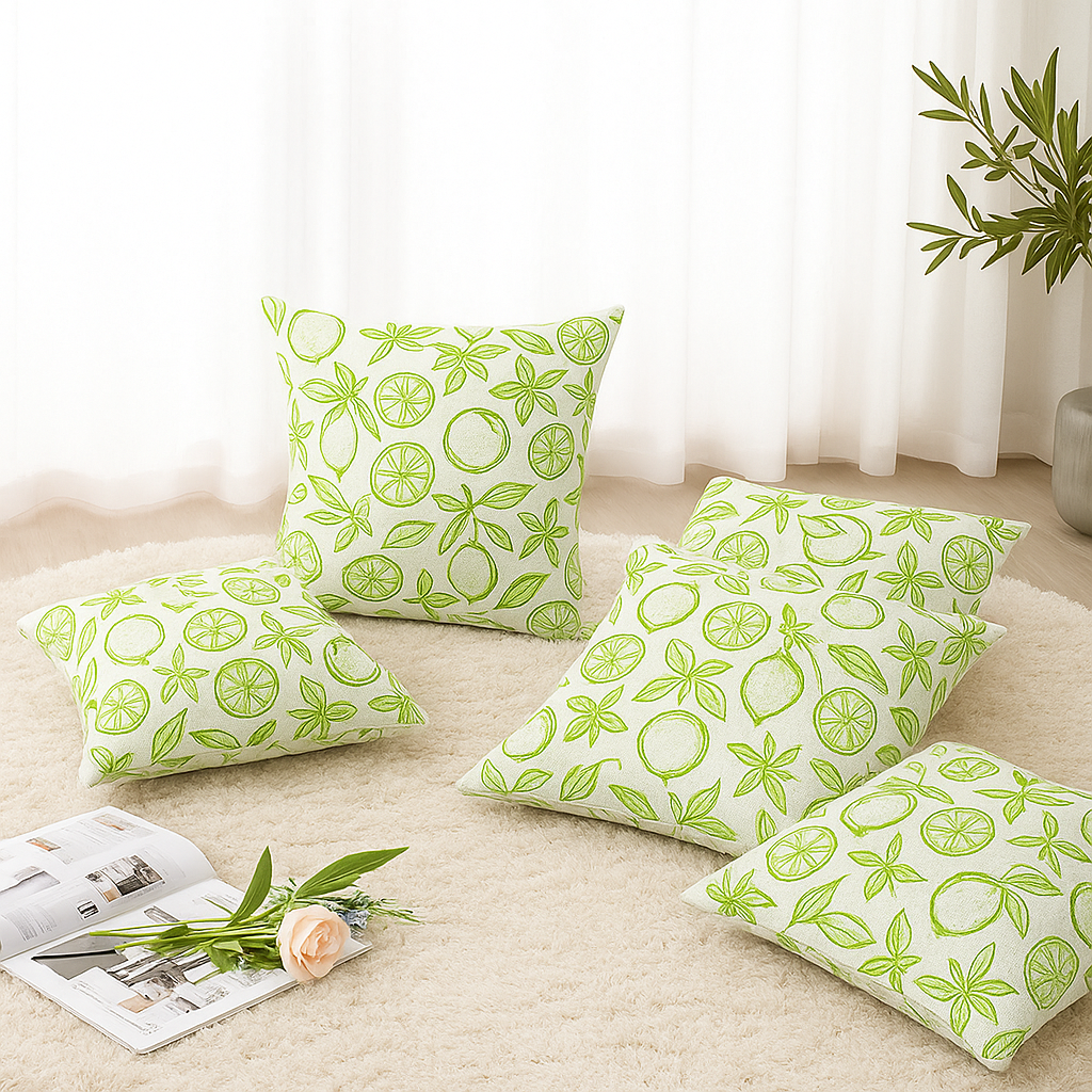 Citrus Leaf Print Cushion Covers – Set of 5 | 16 x 16 in Cotton-Linen | Hidden Zipper | Green Tropical Décor