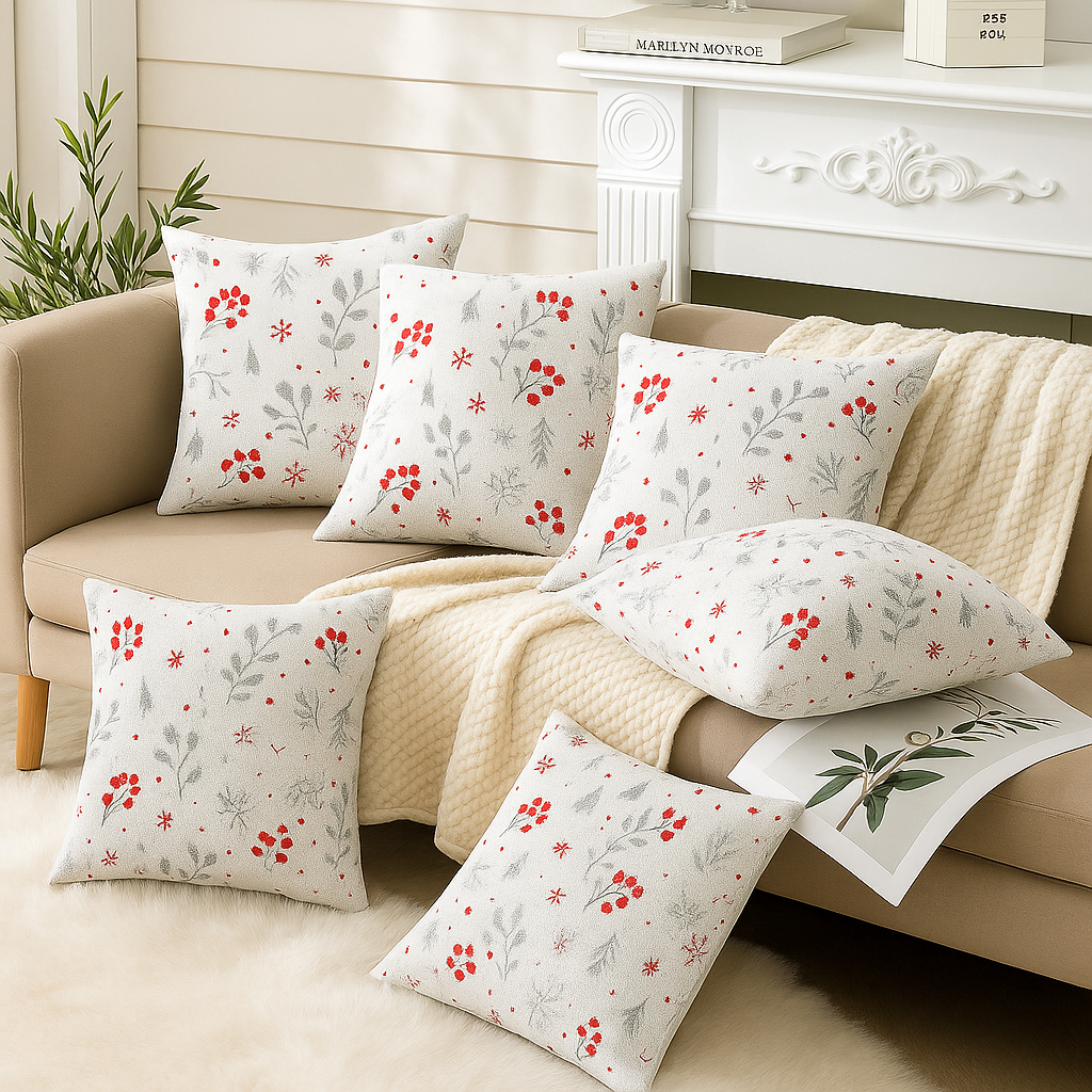 Set of 5 Cushion Covers – Red Berries & Grey Leaf Print on White Cotton Base