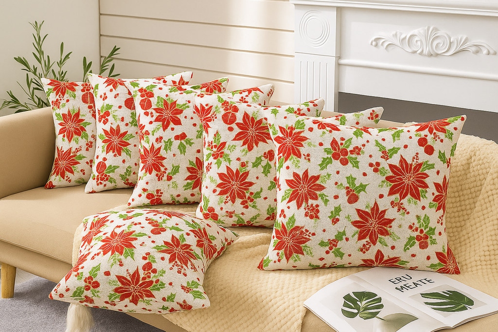 Set of 5 Cushion Covers – Red Floral & Green Leaf Print | Festive Cotton Collection