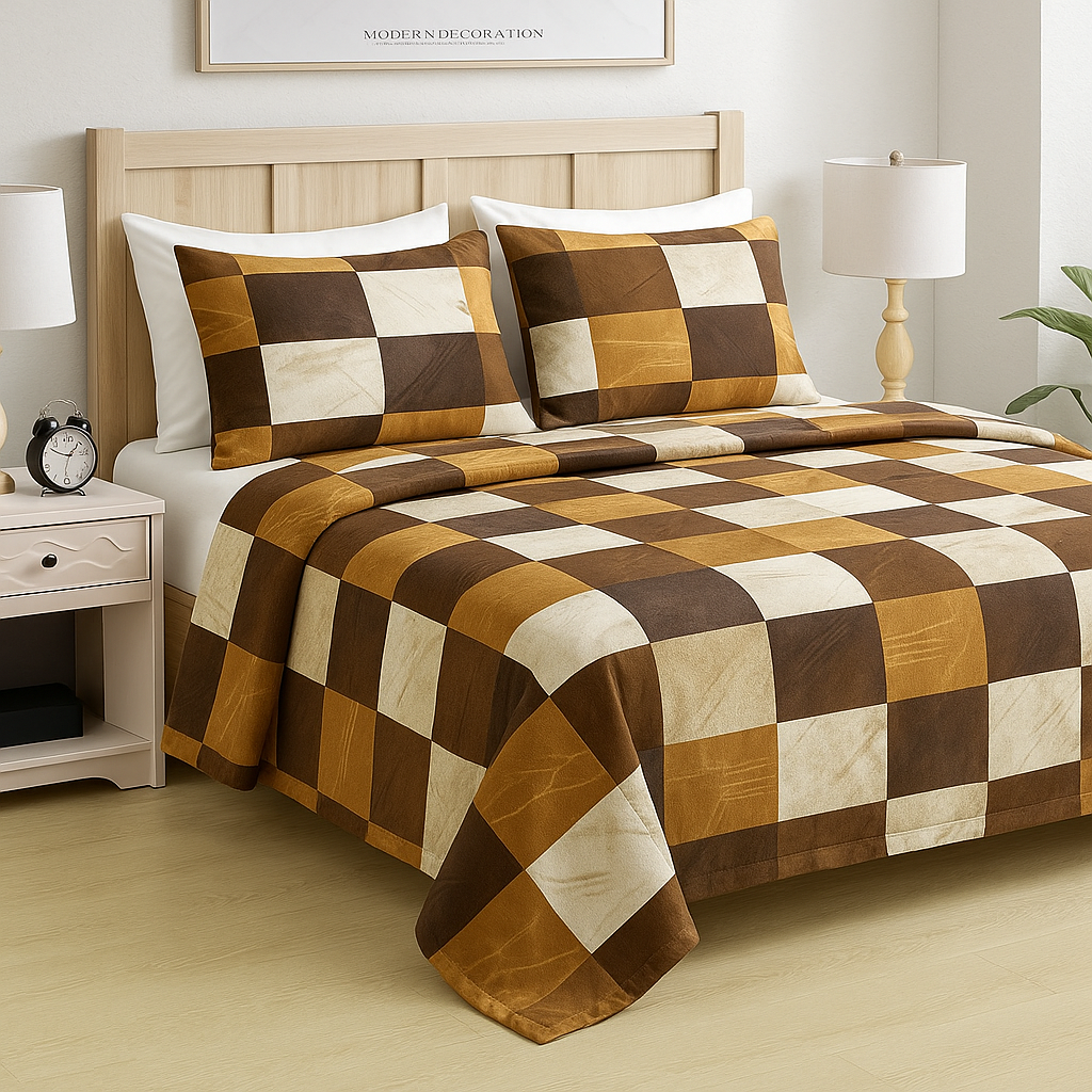 King Size Cotton Bedsheet with Brown & Beige Checkered Pattern and Matching Pillow Covers