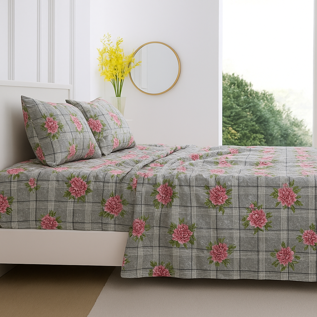 Grey Checkered Bedsheet Set – Pink Floral Design, Queen Size with 2 Pillow Covers