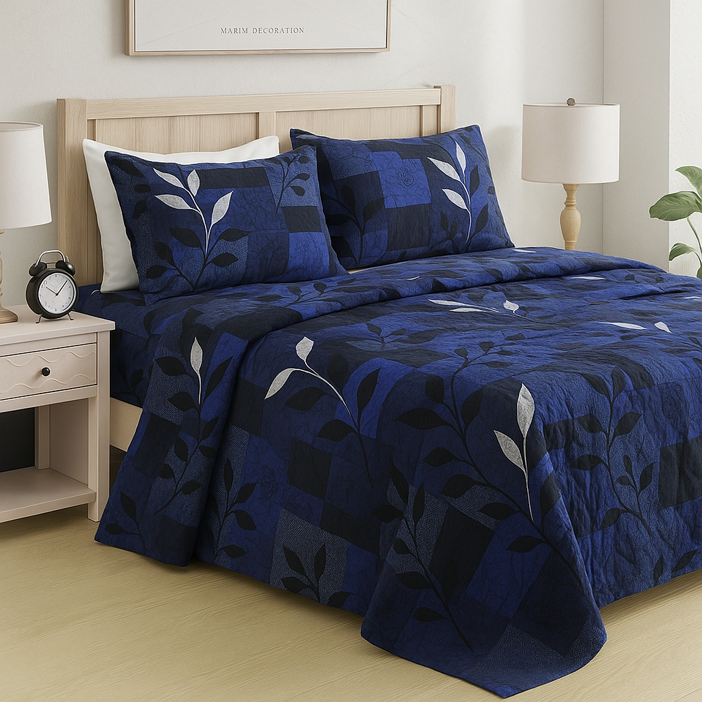 Modern Block Design Bedsheet – Queen Size Set with Blue Leaf Accents