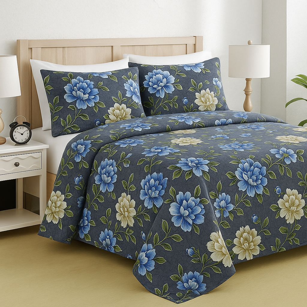 Premium Queen Size Cotton Bedsheet with Blue Bloom Floral Print and 2 Pillow Covers