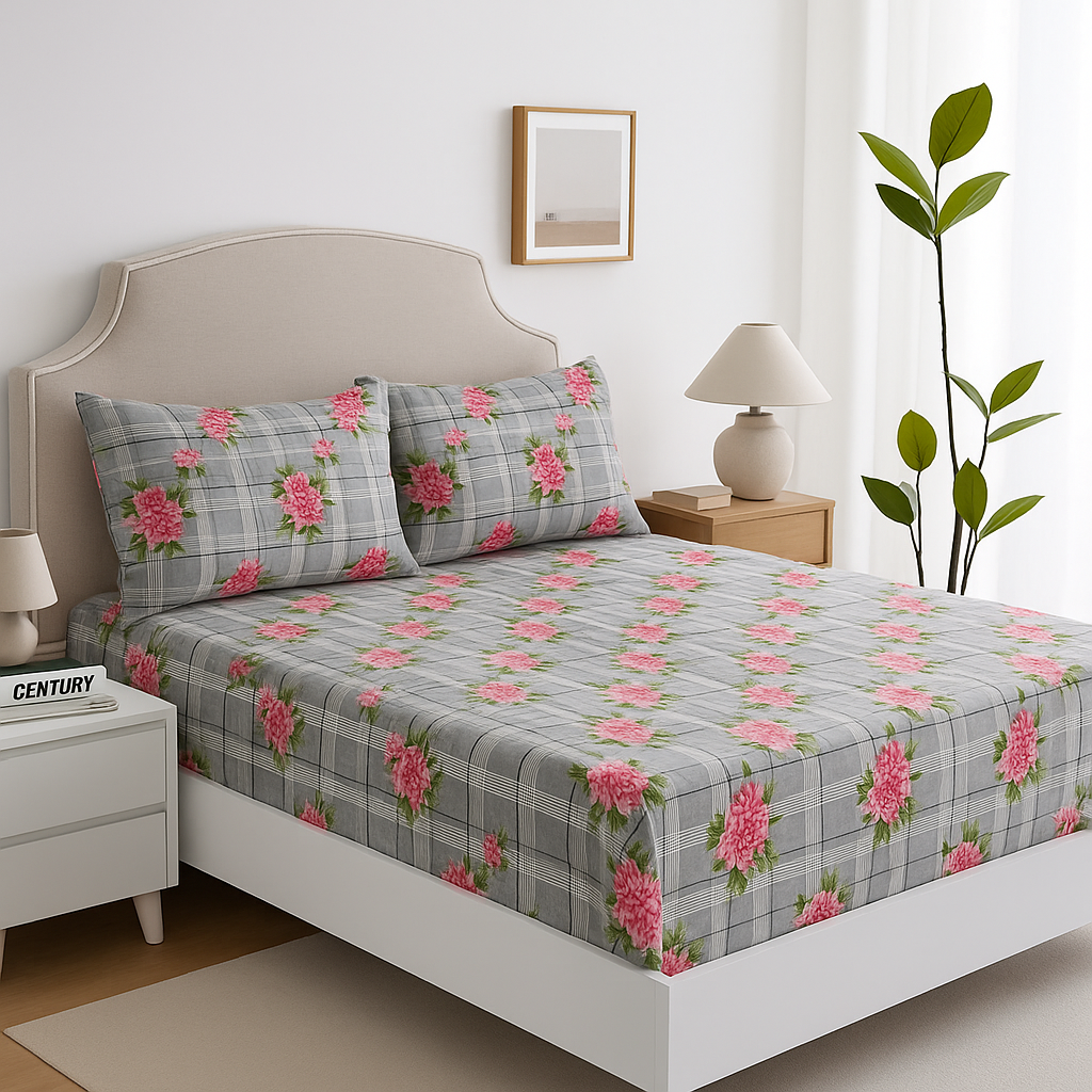 Grey Checkered Bedsheet Set – Pink Floral Design, Queen Size with 2 Pillow Covers