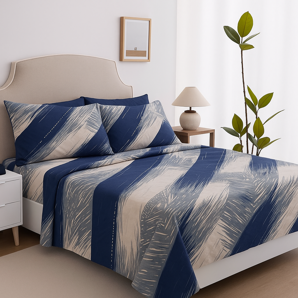 Modern Striped King Bedsheet Set – Navy Blue & Beige with 2 Pillow Covers