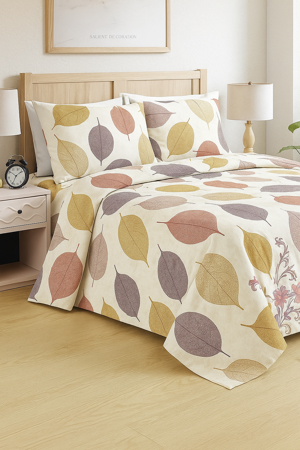 King Size Bedsheet Set with Elegant Fall Leaf Print in Warm Tones and 2 Matching Pillowcases