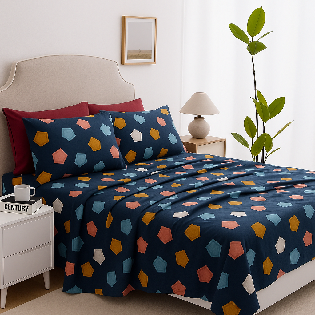 King Size Geometric Bedsheet Set with 2 Pillow Covers – Multicolor on Navy Blue