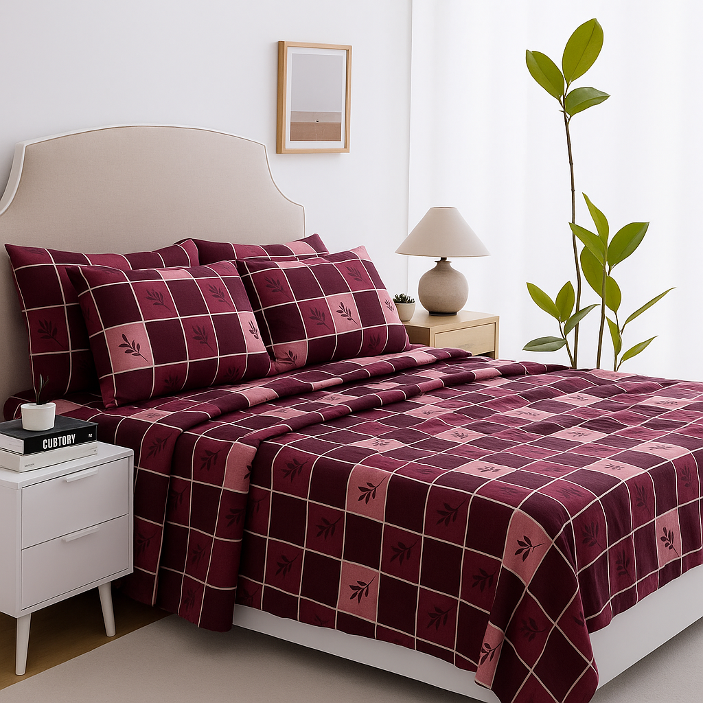 Elegant Checkered Queen Bedsheet Set – Maroon & Pink Blocks with 2 Pillow Covers