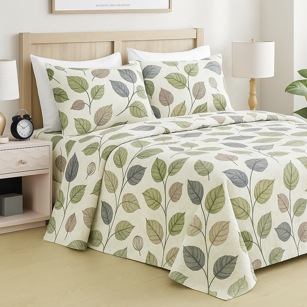 Earthy Green Leaf Bedsheet Set – Premium Cotton King Size with Pillowcases