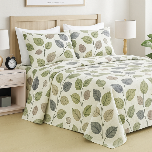 Earthy Green Leaf Bedsheet Set – Premium Cotton King Size with Pillowcases