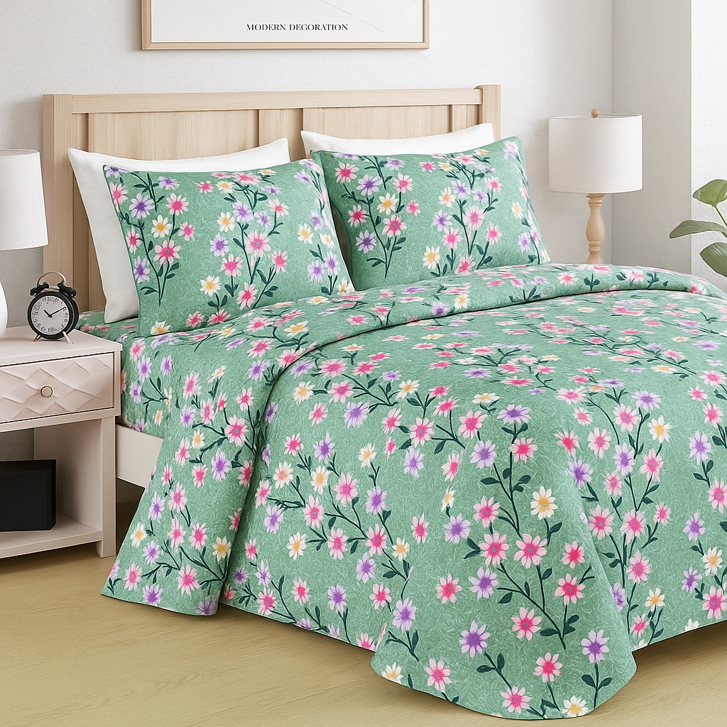 Elegant Garden Floral Bedsheet – Queen Size Set with 2 Pillowcases in Pastel Green