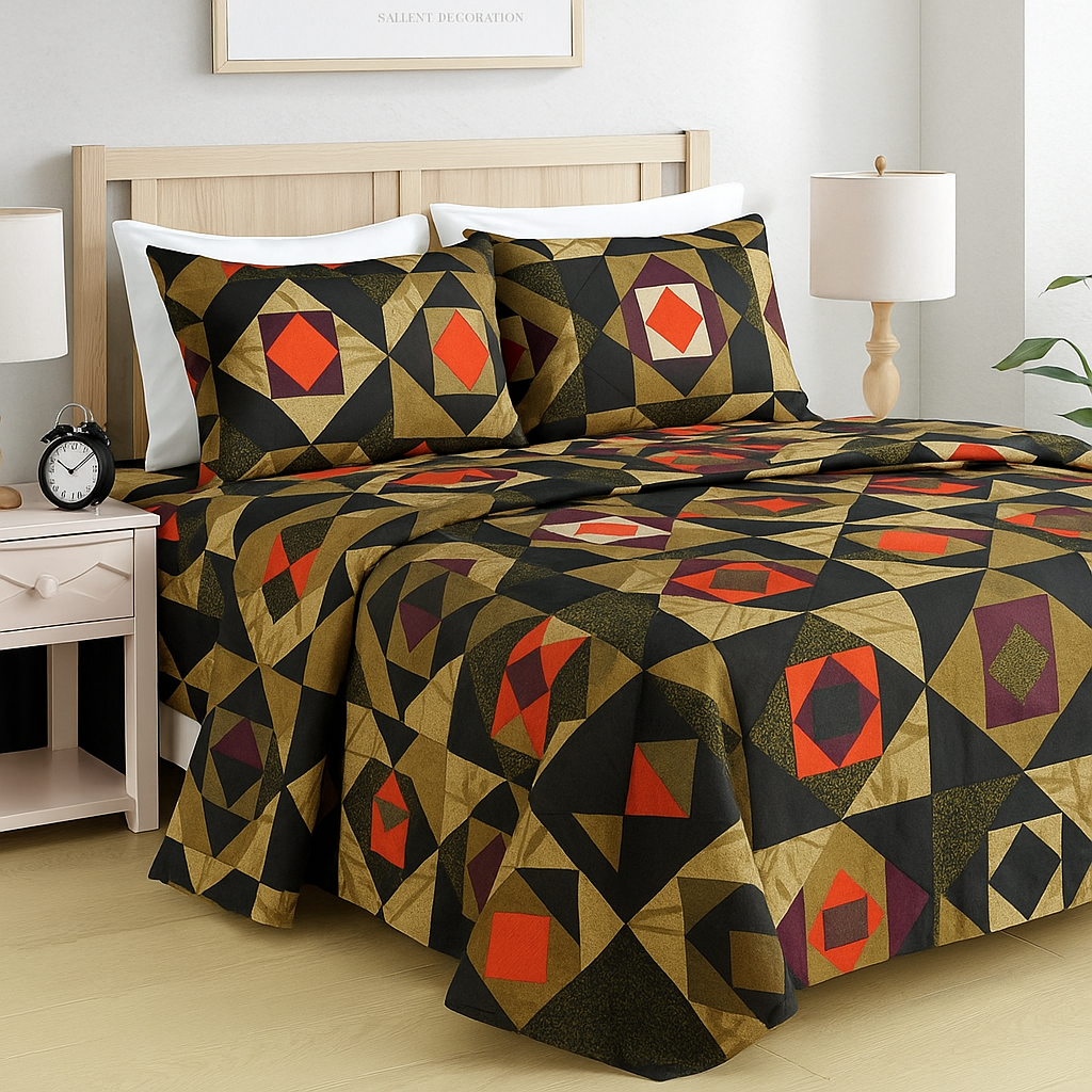 Geometric Art Queen Bedsheet Set – Black, Gold & Red Pattern with 2 Pillow Covers