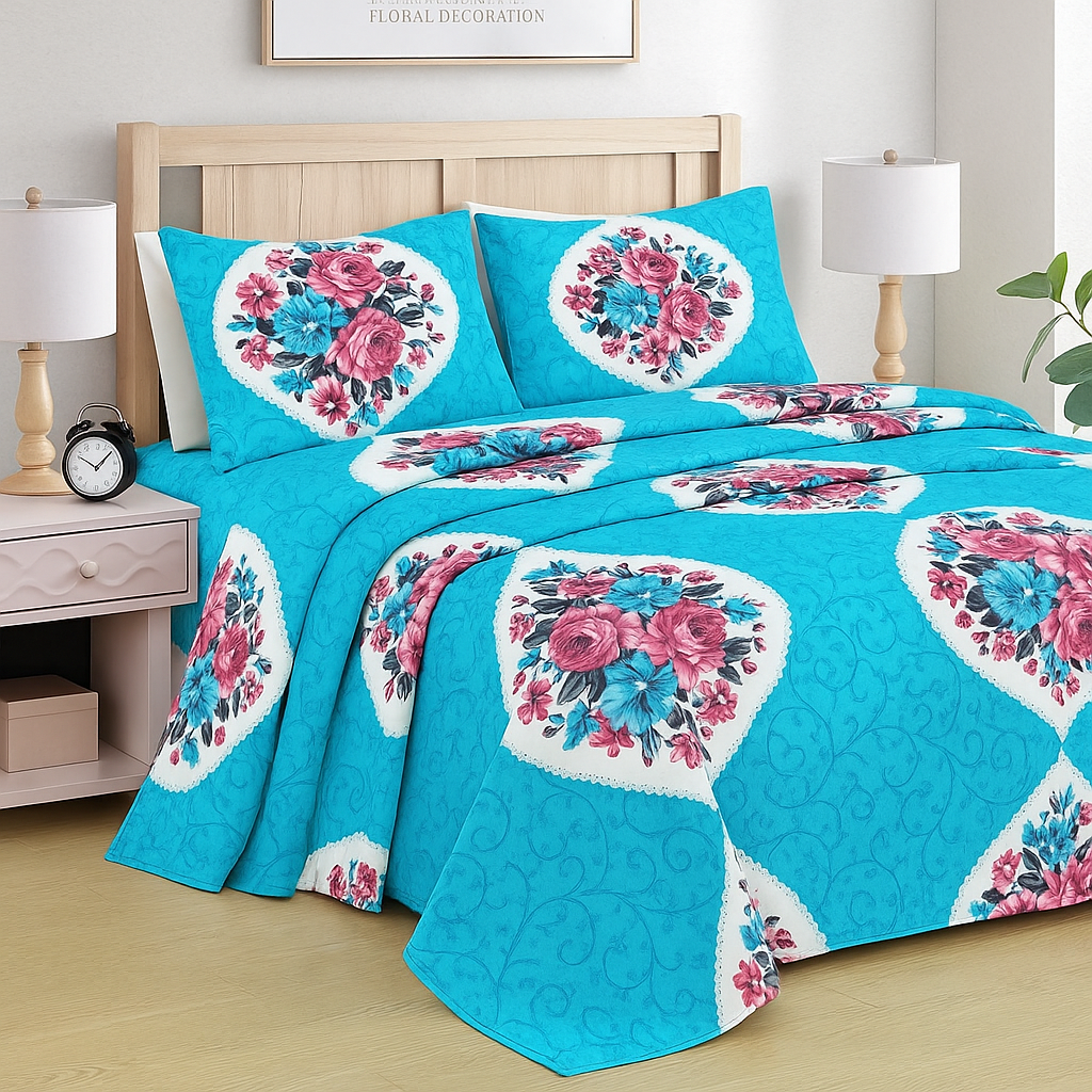 Bold Bloom Print Bedsheet – Queen Size with Colourful Roses & 2 Pillow Covers