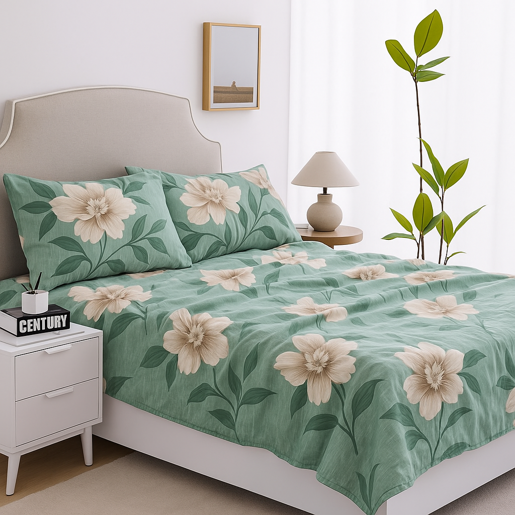 Premium Queen Size Bedsheet – Large Floral Design on Soft Green Background