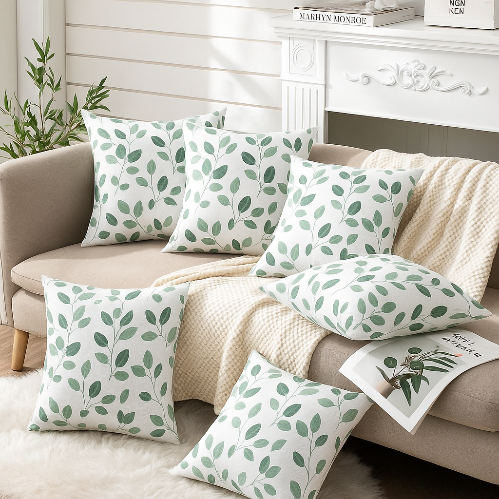 Set of 5 Leaf Print Cushion Covers – Green Botanical Design on Cream Base