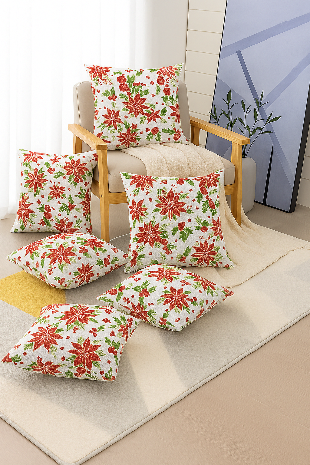 Set of 5 Cushion Covers – Red Floral & Green Leaf Print | Festive Cotton Collection