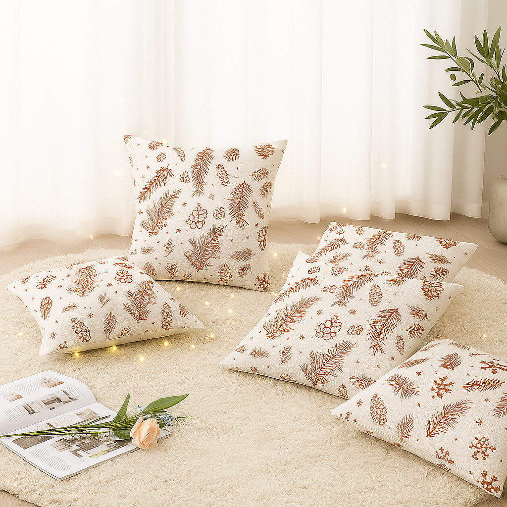 Set of 5 Cushion Covers – Beige with Autumn Pine & Leaf Motif | Warm Tones Cotton
