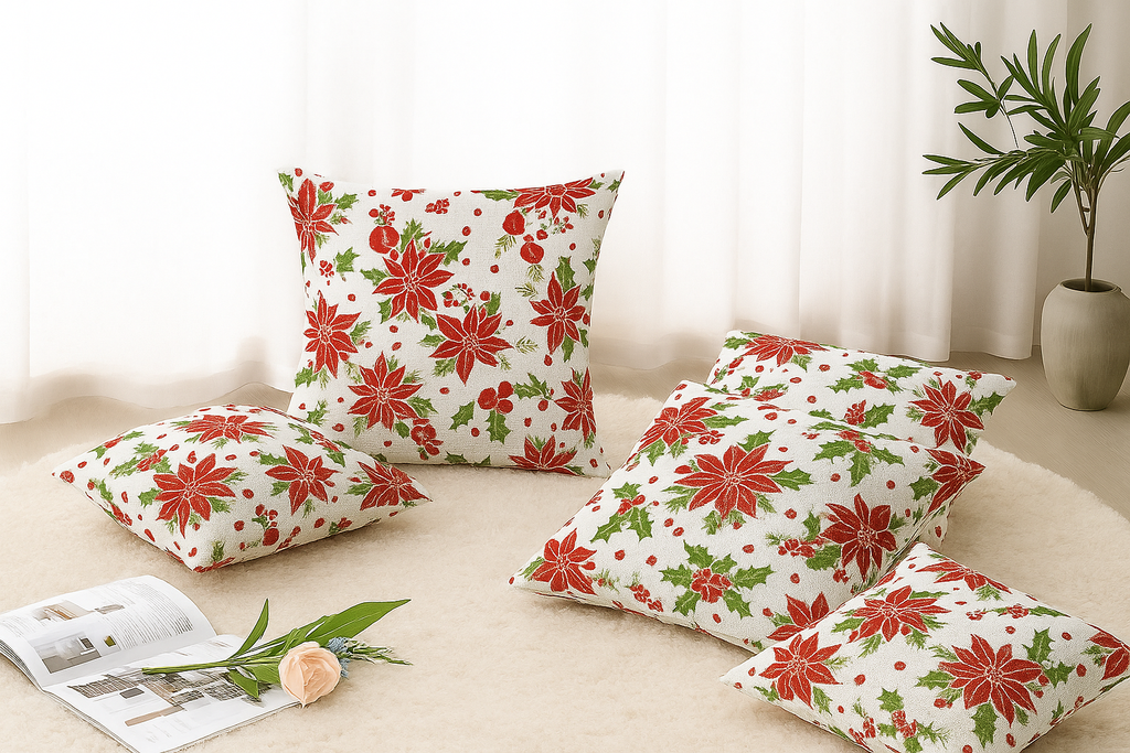 Set of 5 Cushion Covers – Red Floral & Green Leaf Print | Festive Cotton Collection
