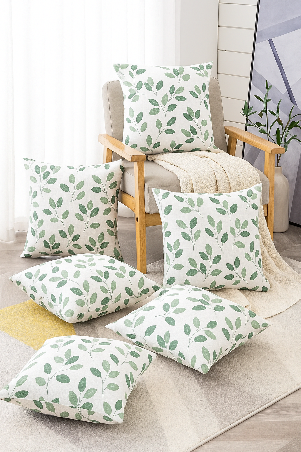 Set of 5 Leaf Print Cushion Covers – Green Botanical Design on Cream Base