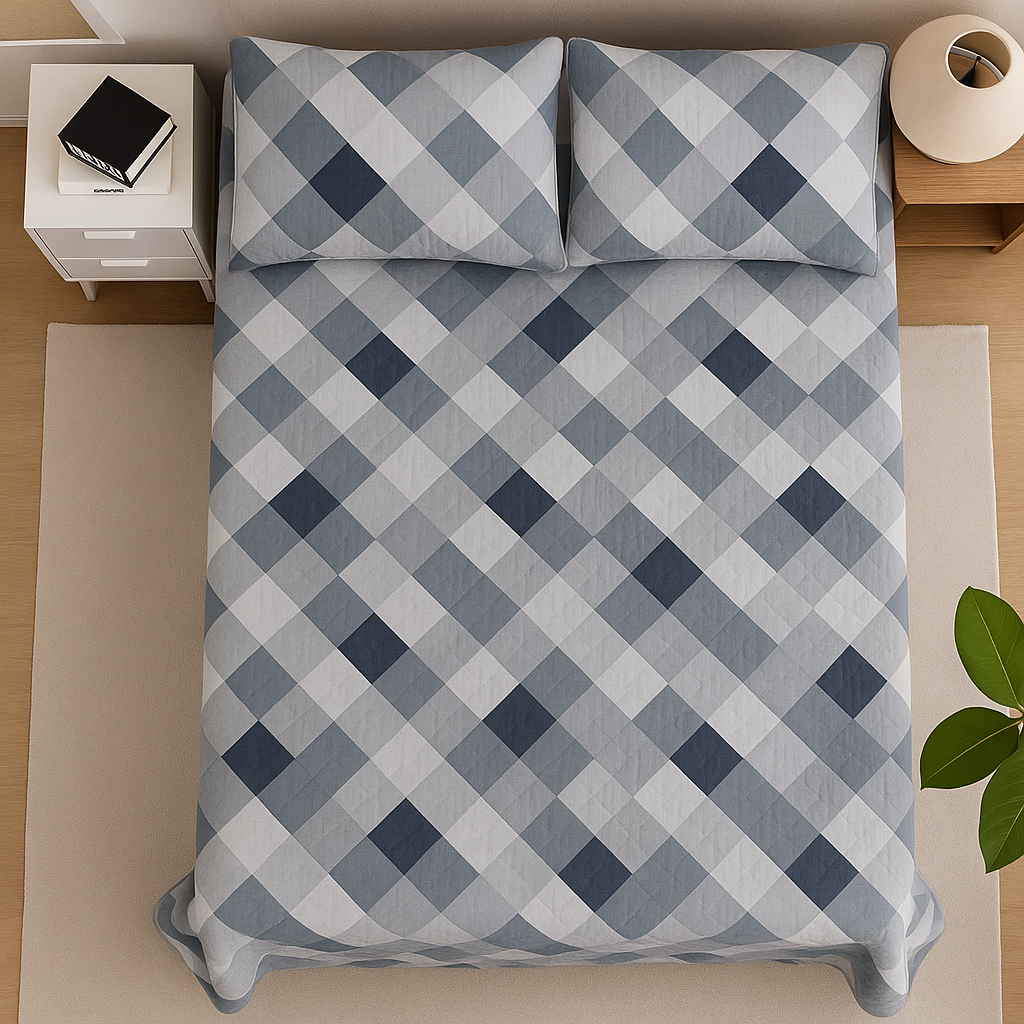 King Size Bedsheet Set with 2 Pillow Covers – Blue & Grey Diamond Checks