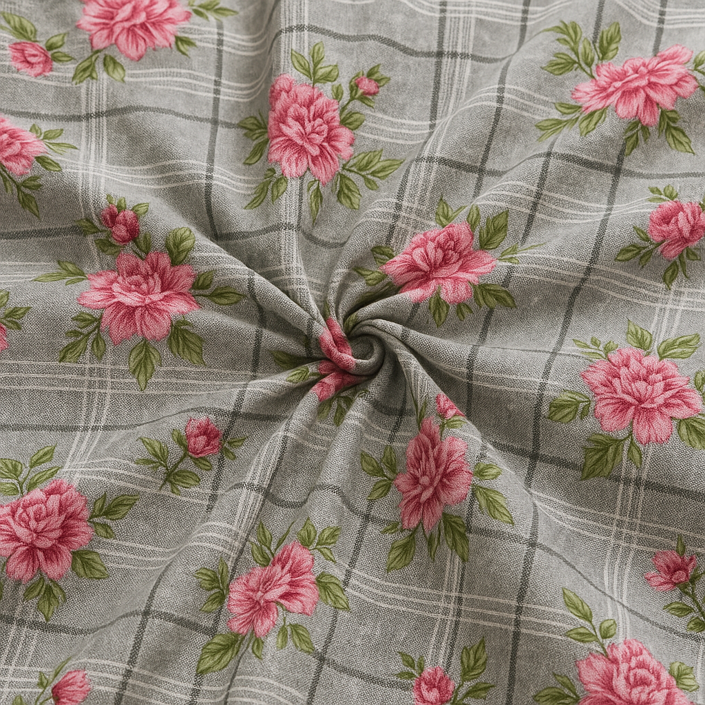 Grey Checkered Bedsheet Set – Pink Floral Design, Queen Size with 2 Pillow Covers