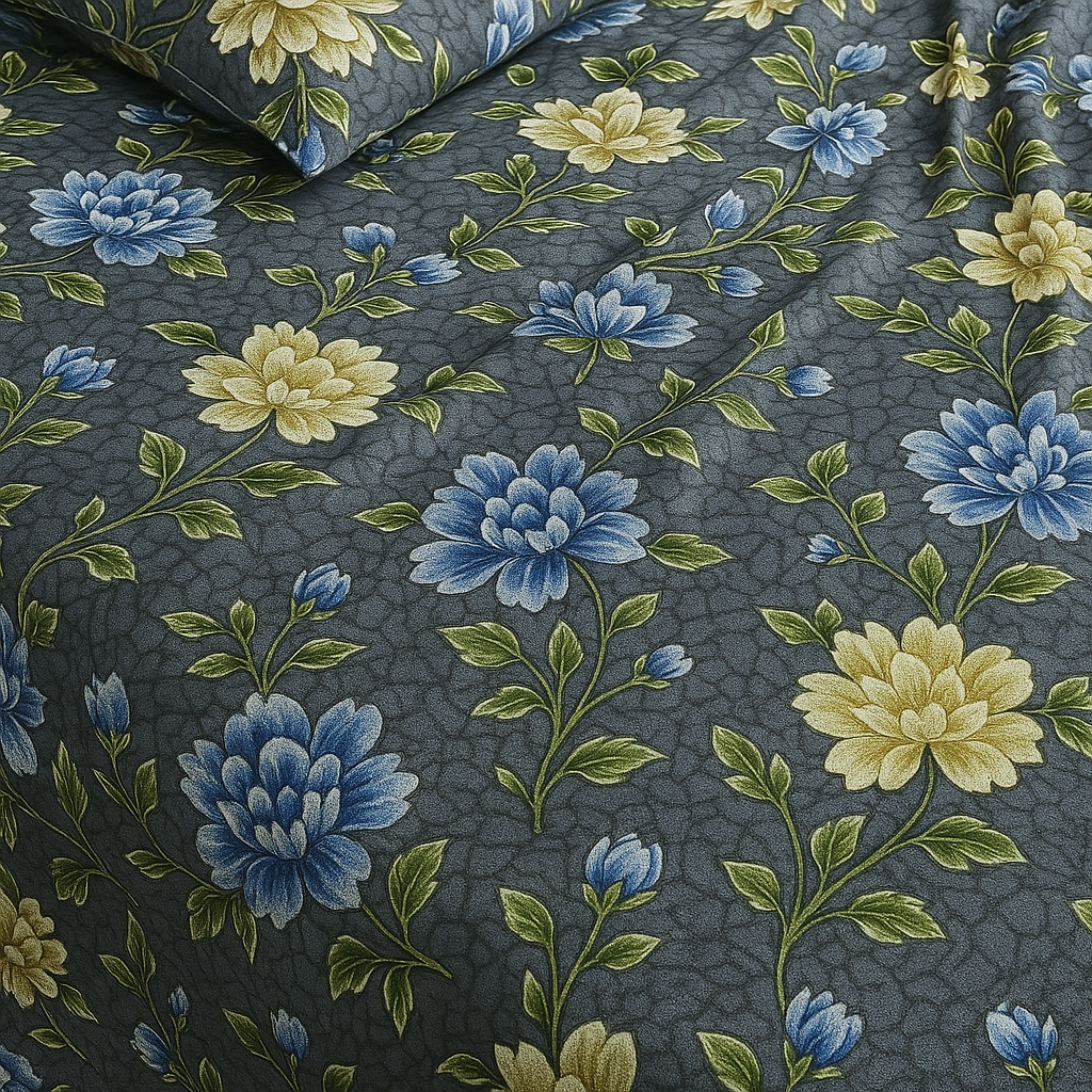 Premium Cotton Bedsheet – Queen Size with Blue Bloom Print & 2 Pillow Covers