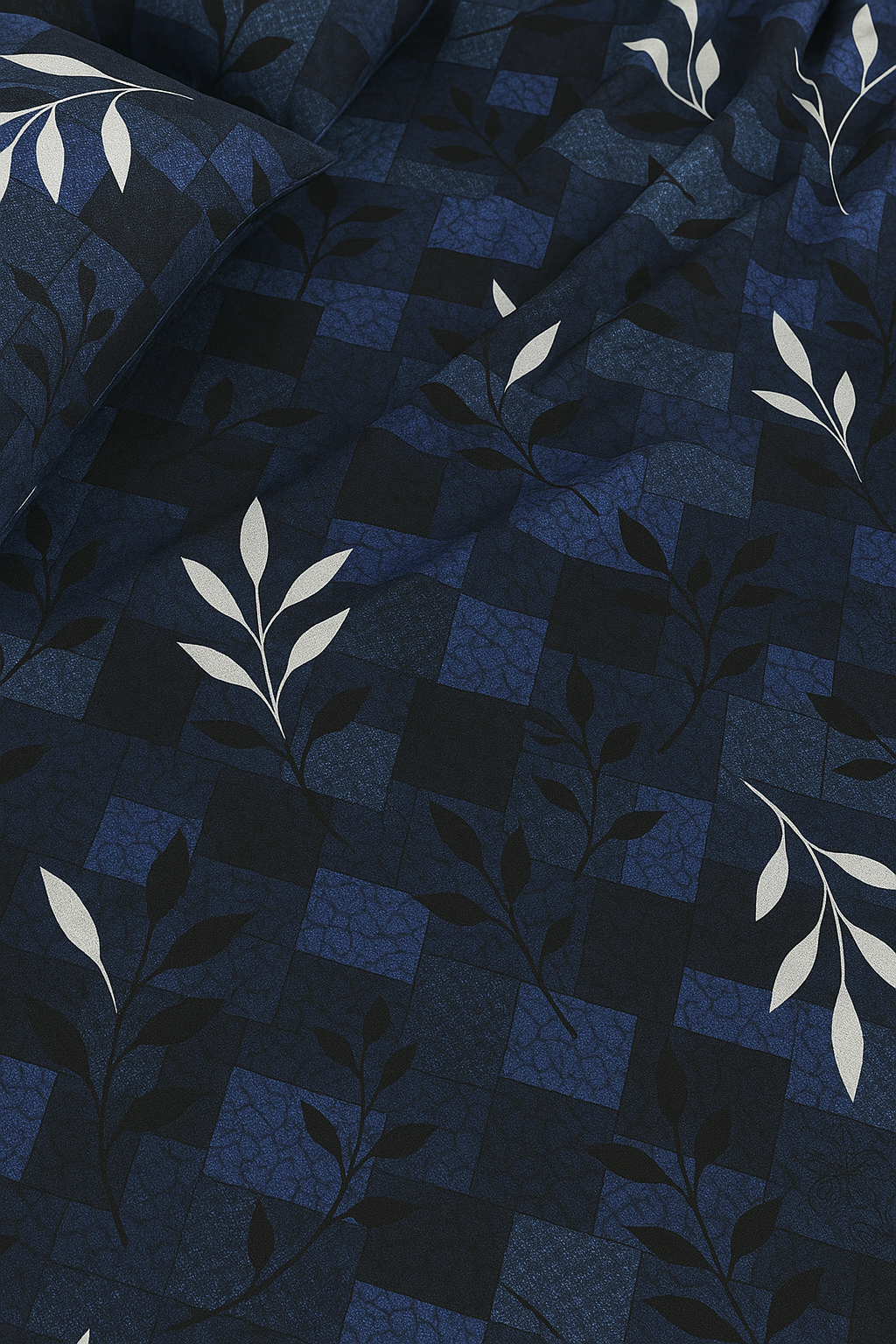 Modern Block Design Bedsheet – Queen Size Set with Blue Leaf Accents