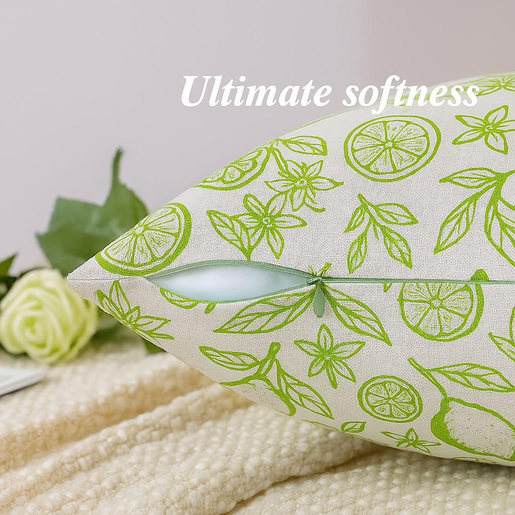 Citrus Leaf Print Cushion Covers – Set of 5 | 16 x 16 in Cotton-Linen | Hidden Zipper | Green Tropical Décor