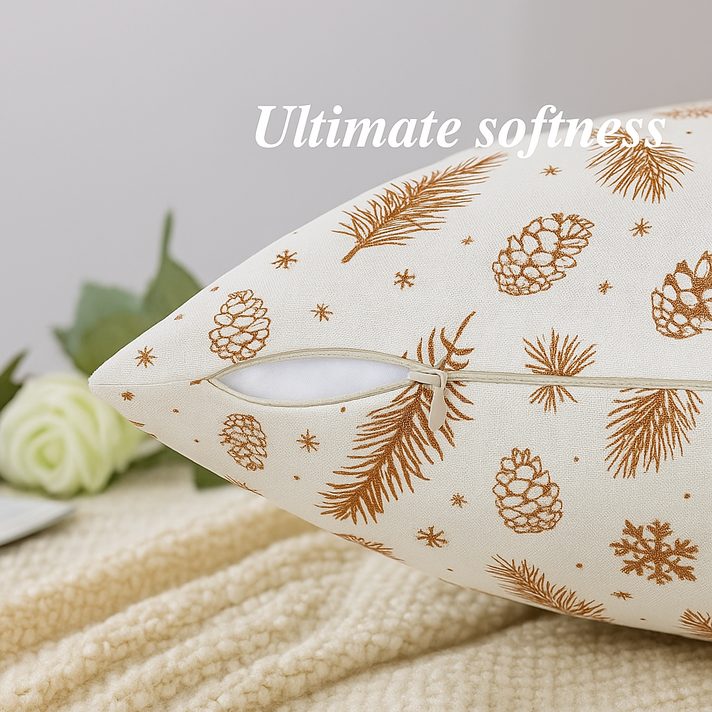 Set of 5 Cushion Covers – Beige with Autumn Pine & Leaf Motif | Warm Tones Cotton
