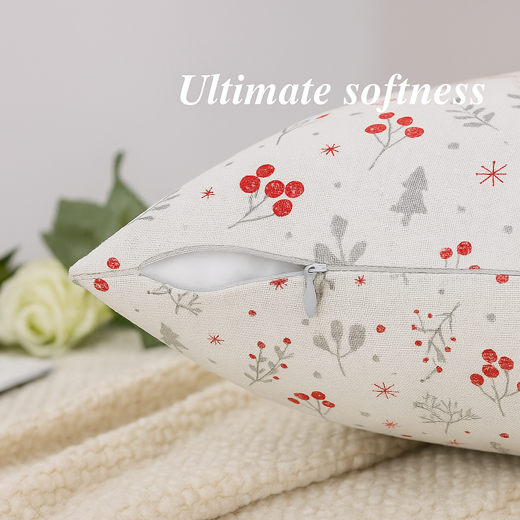 Set of 5 Cushion Covers – Red Berries & Grey Leaf Print on White Cotton Base