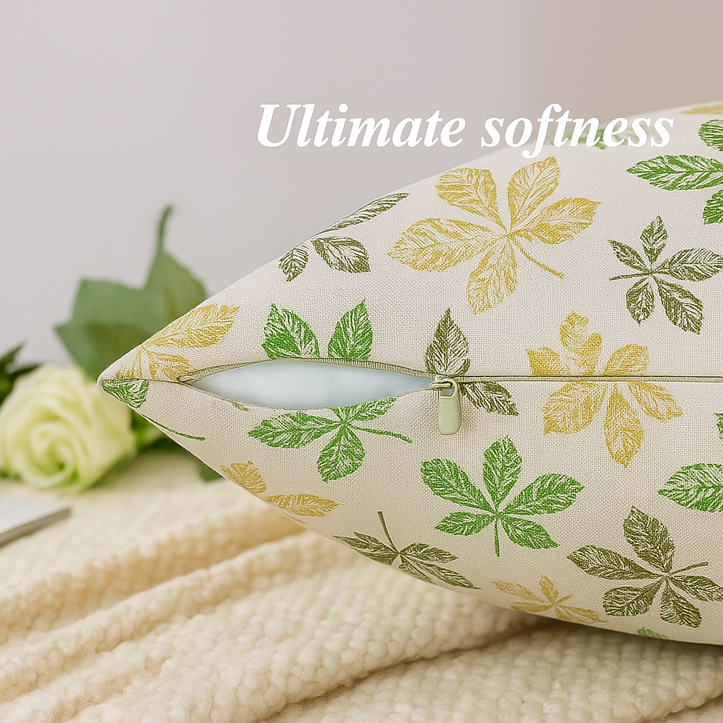 Set of 5 Cushion Covers – Green & Yellow Leaf Print on Beige Cotton Fabric