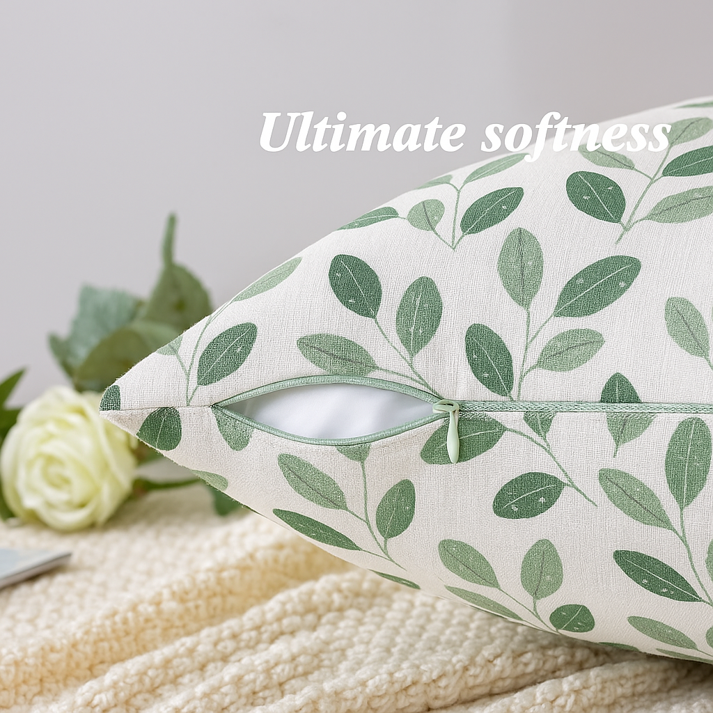 Set of 5 Leaf Print Cushion Covers – Green Botanical Design on Cream Base